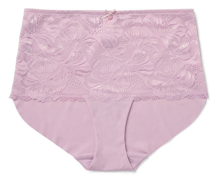 Culotte lilas avec dentelle florale et nœud au centre.