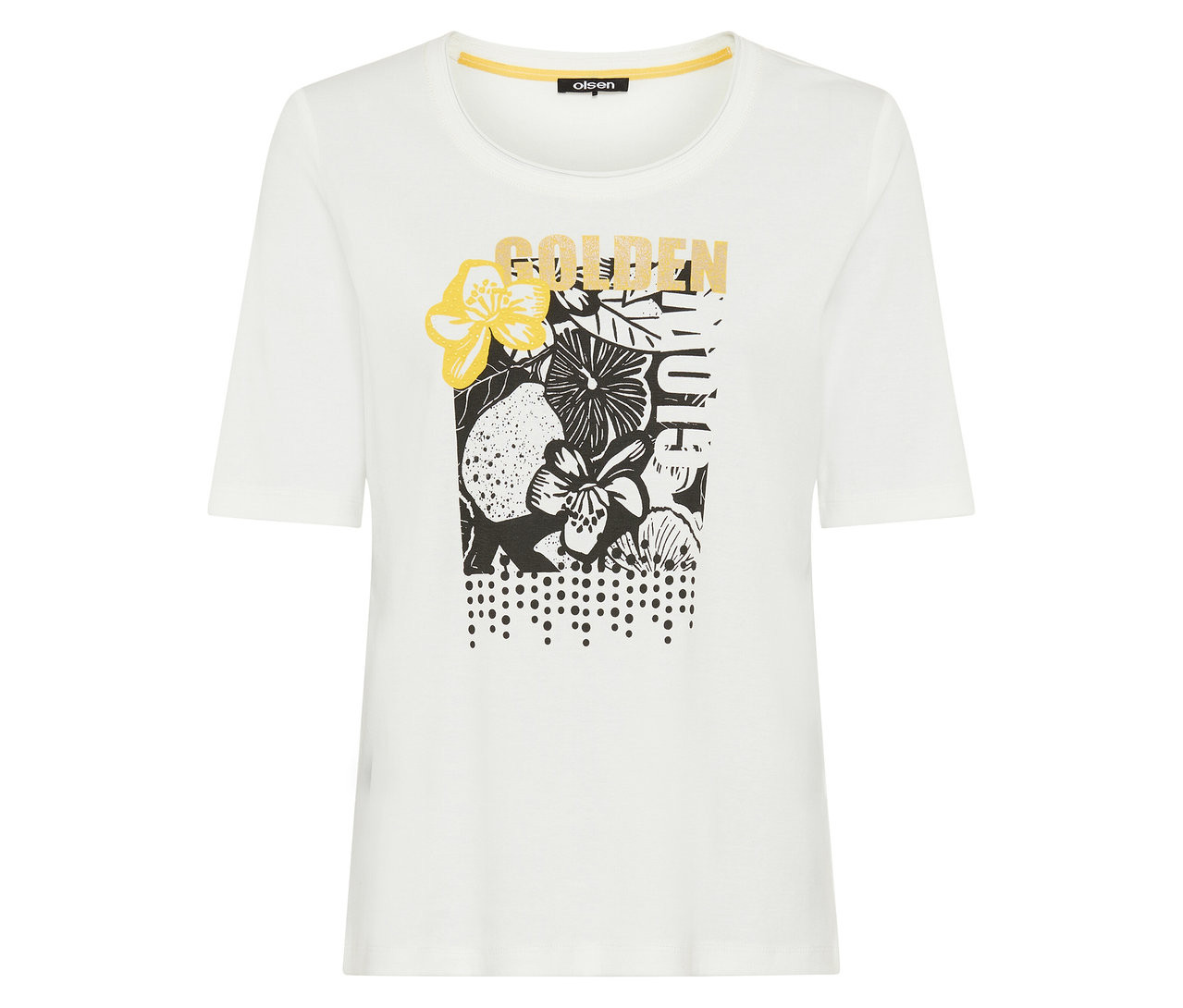 T-shirt 1/2 Olsen blanc avec col jaune et imprimé floral et fruité noir, blanc et jaune, incluant le texte "GOLDEN SUMMER".