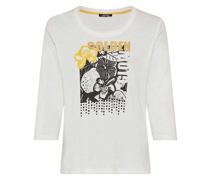 Un t-shirt blanc à manches longues avec un motif floral et le mot "GOLDEN" au centre.