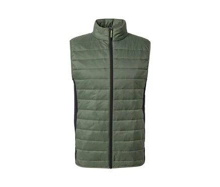 Gilet matelassé vert « pack light » avec fermeture éclair noire au centre.