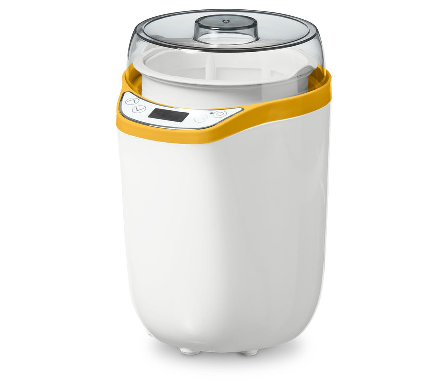 Yaourtière blanche avec bord jaune et couvercle transparent.