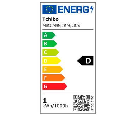 Étiquette énergétique Tchibo avec classe d'efficacité énergétique D et une consommation de 1 kWh/1000h.
