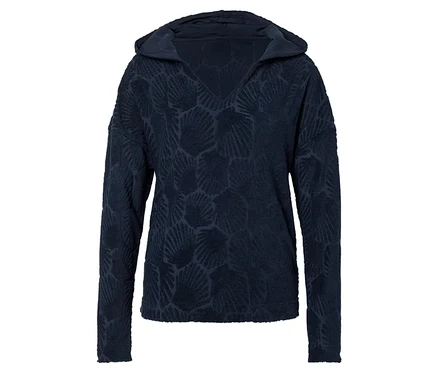 Sweat à capuche bleu marine avec motif coquillage.
