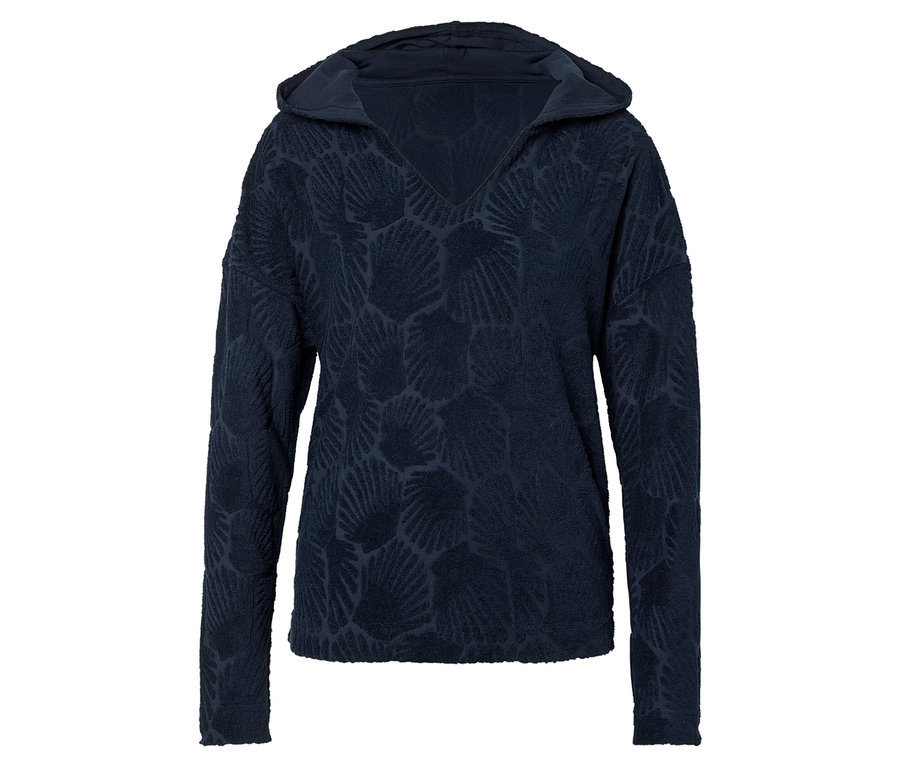 Sweat à capuche bleu marine avec motif coquillage.