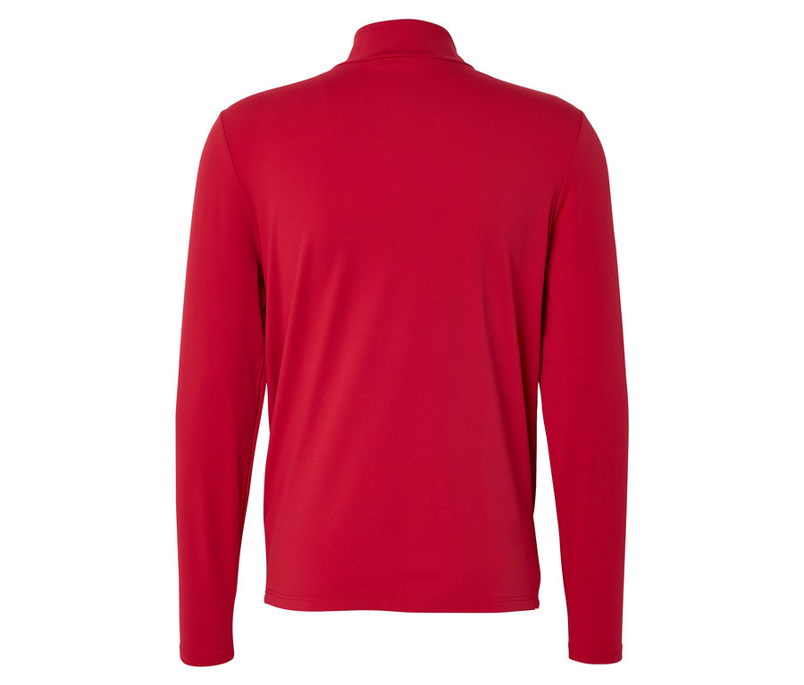 Vue arrière d'une chemise rouge à manches longues avec un col zippé.