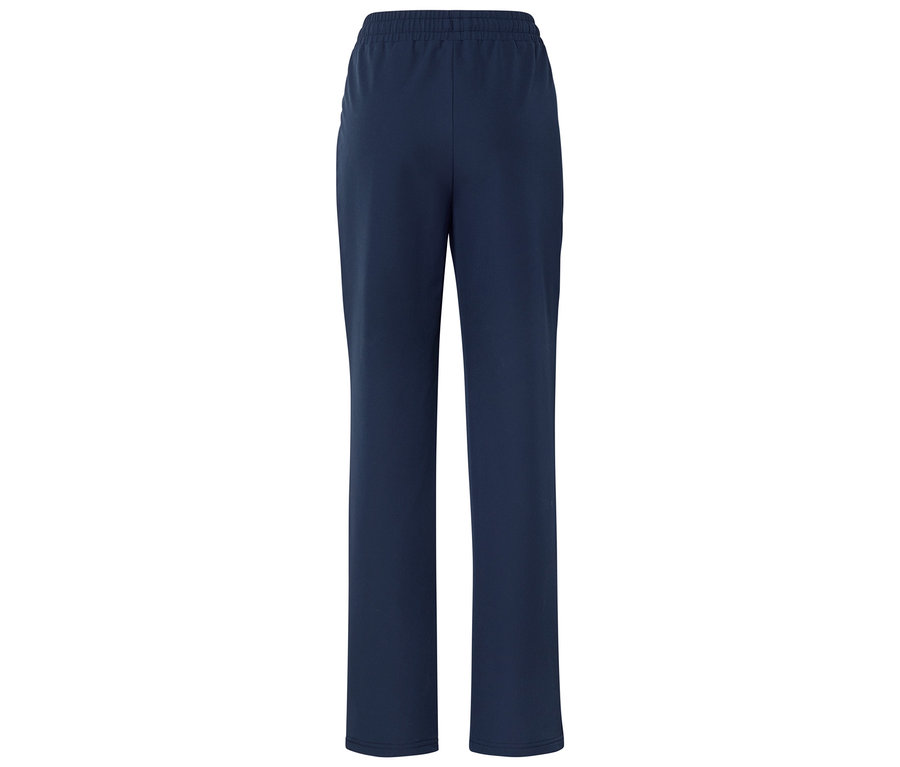 Pantalon long bleu marine avec taille élastique, photographié de dos.