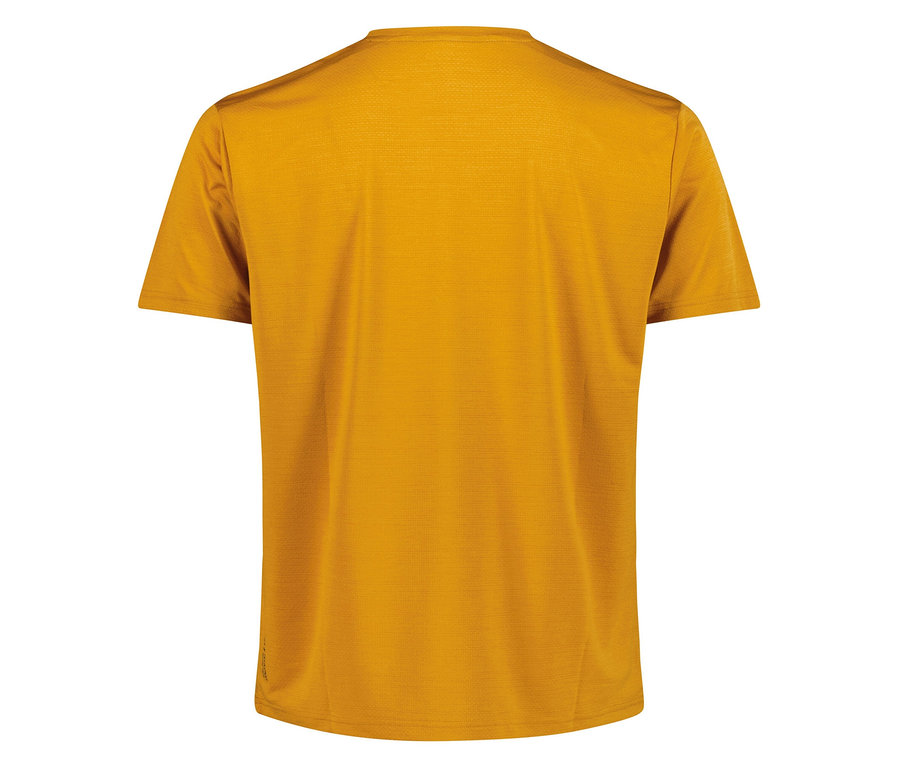 Gros plan sur le dos d'un t-shirt ocre.