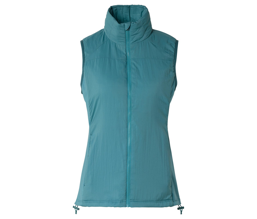 Un gilet turquoise sans manches avec fermeture éclair sur fond blanc.