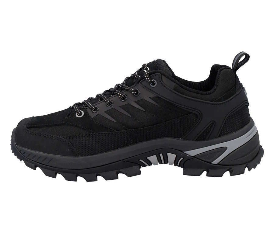 Chaussure de randonnée noire avec lacets et accents gris.