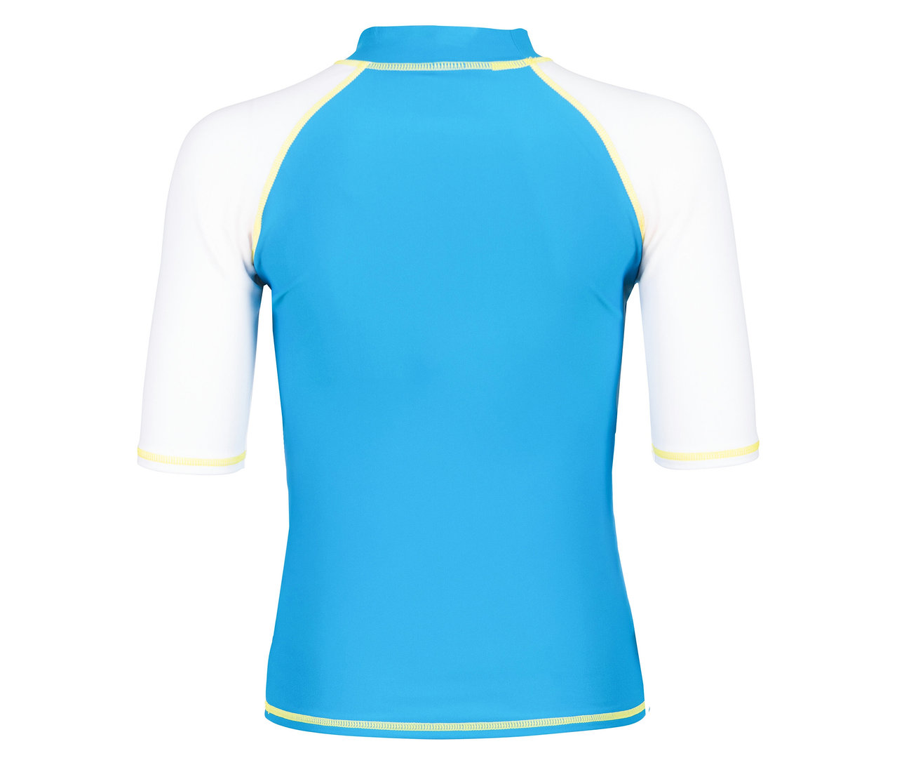 T-shirt de protection anti-UV bleu clair avec manches blanches et coutures jaunes.