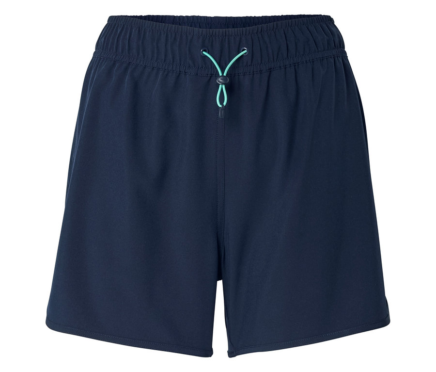 Short bleu marine avec taille élastique et cordon de serrage turquoise.