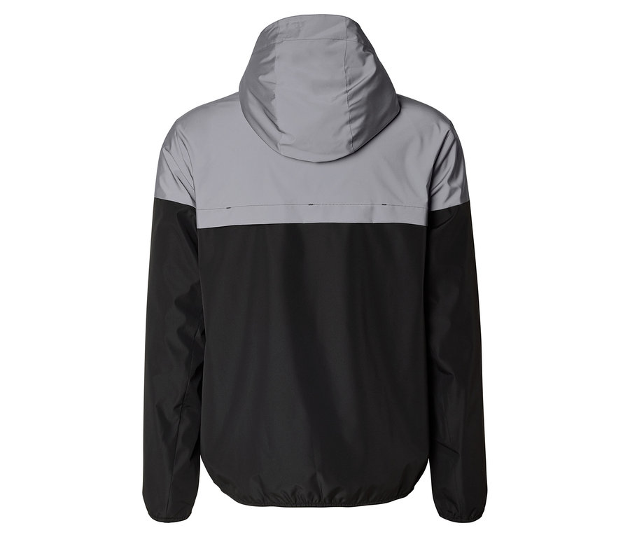 Vue arrière d'une veste bicolore à capuche grise et noire.
