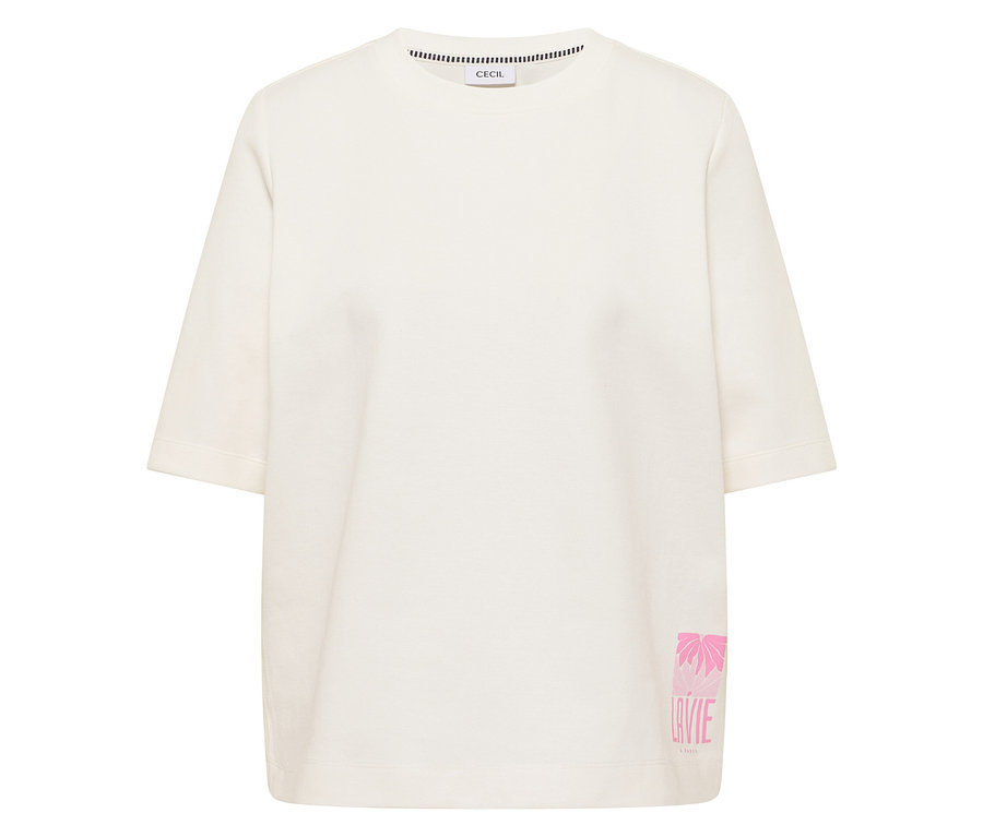 Le sweat-shirt blanc CECIL est posé sur un fond blanc avec un imprimé rose en bas à droite.