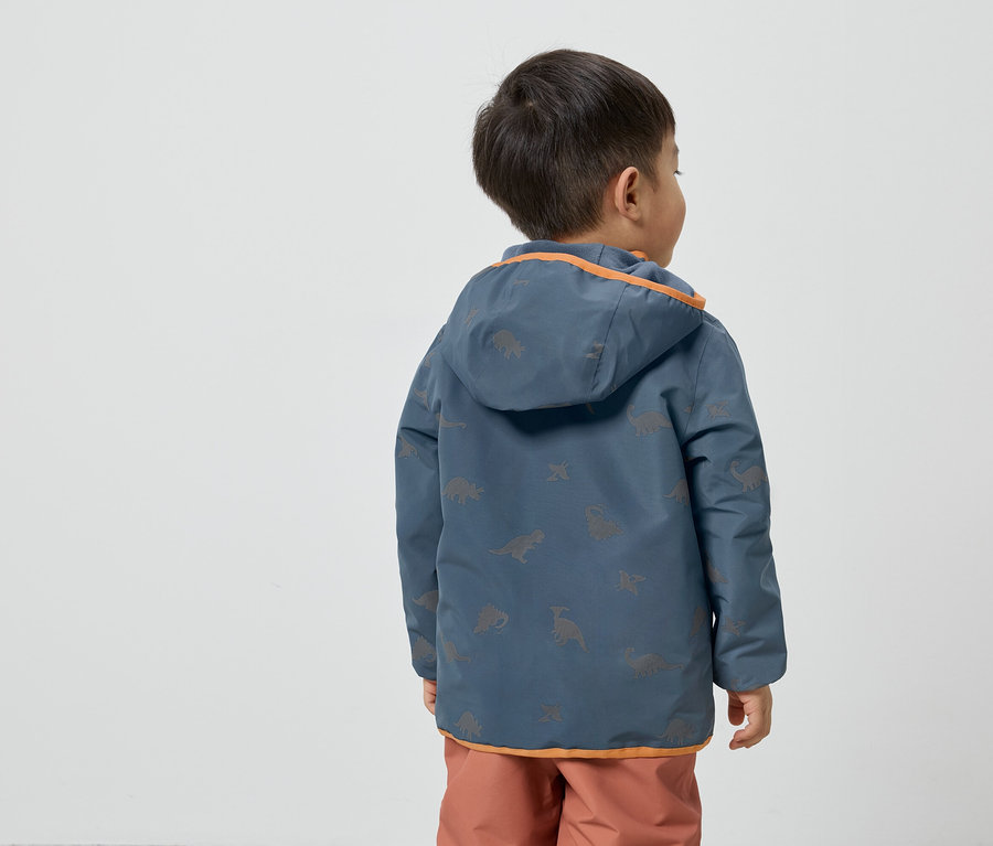 Vue arrière d'un enfant aux cheveux bruns portant une veste bleue à motifs de dinosaures et une capuche avec une bordure orange.