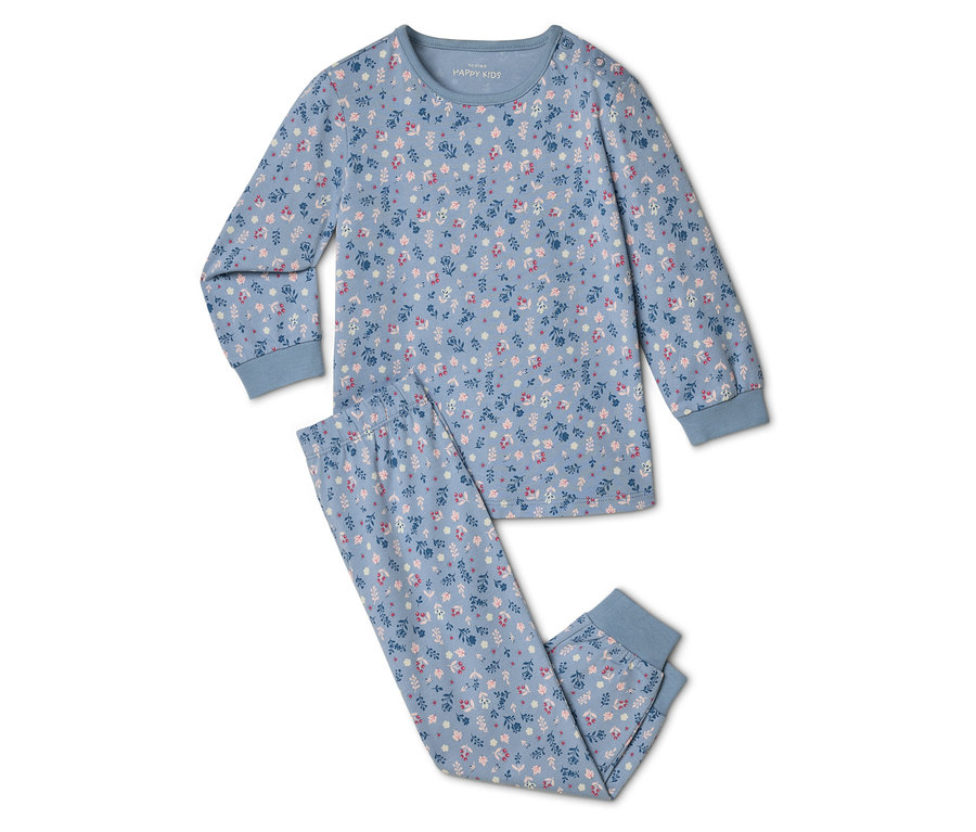 Ensemble de pyjama bleu HAPPY KIDS à motif floral, composé d'un haut à manches longues et d'un pantalon.