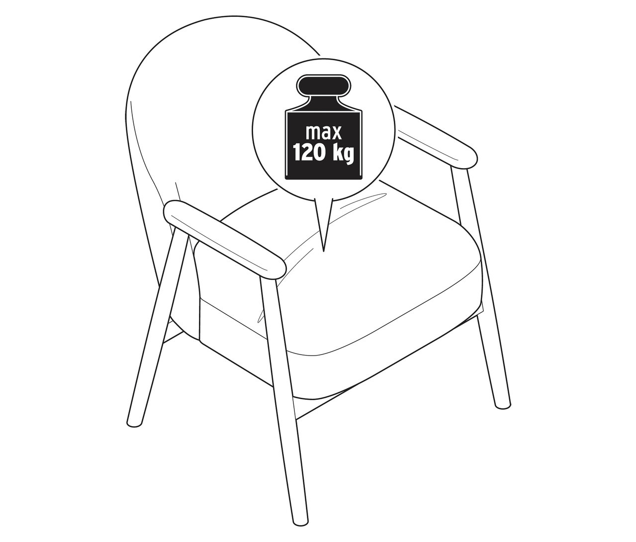 Dessin au trait d'un fauteuil avec accoudoirs et structure en bois, avec indication de poids maximum de 120 kg.