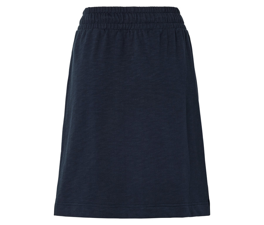 Une jupe bleu foncé avec une taille élastique est visible sur un fond blanc.