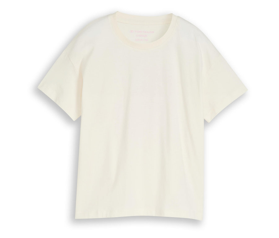 Le T-shirt blanc avec imprimé Tom Tailor est posé à plat.