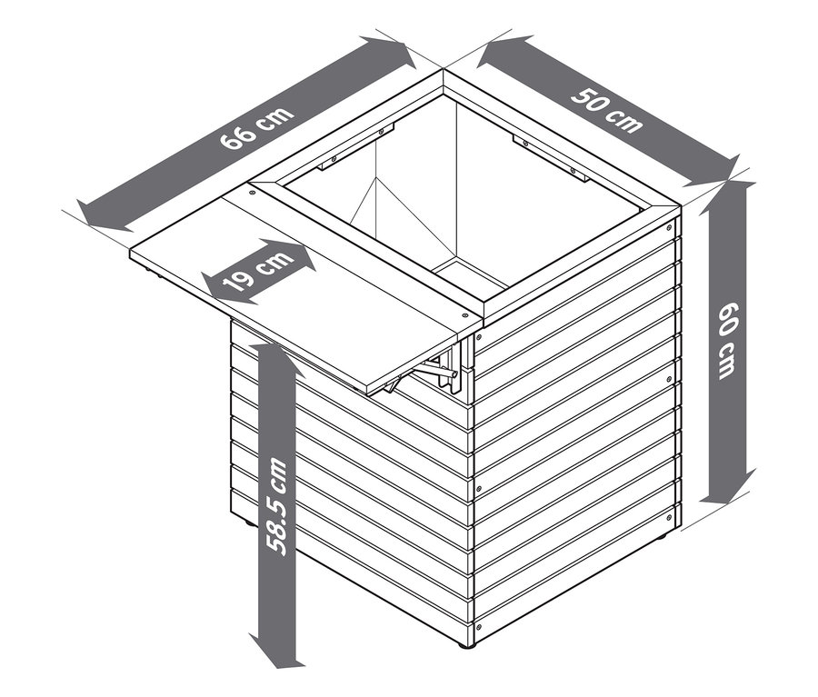 Image d'une jardinière avec table pliante « Tinus » avec des mesures.