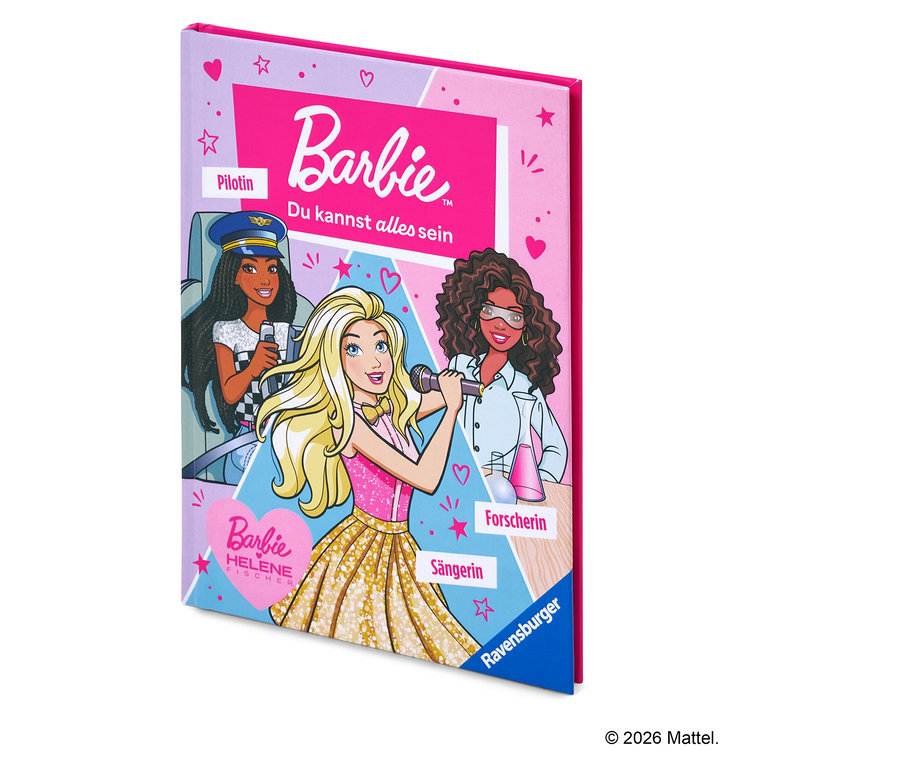 Couverture d'un livre avec Barbie comme chanteuse, pilote et chercheuse.