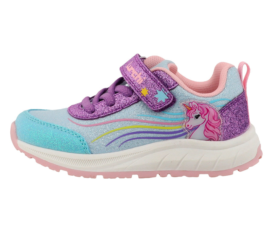 Basket LURCHI «
Anni
» bleues avec motif de licorne et paillettes violettes.