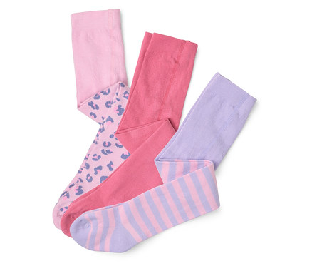Trois paires de collants sont superposées : une rose clair à motif léopard, une rose et une rayée violette.