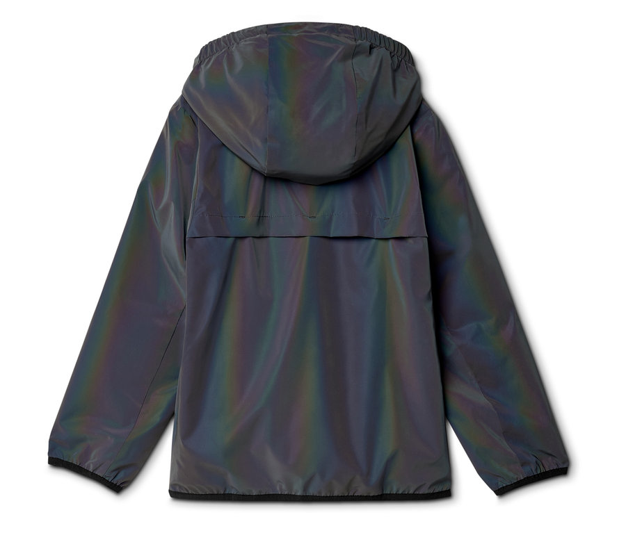 Vue arrière d'un imperméable réfléchissant à capuche sur fond blanc.