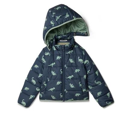 Doudoune marine pour enfant avec capuche et motif de dinosaures verts.