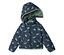 Doudoune marine pour enfant avec capuche et motif de dinosaures verts.