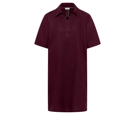 Robe chemise bordeaux avec col, encolure en V et patte de boutonnage.