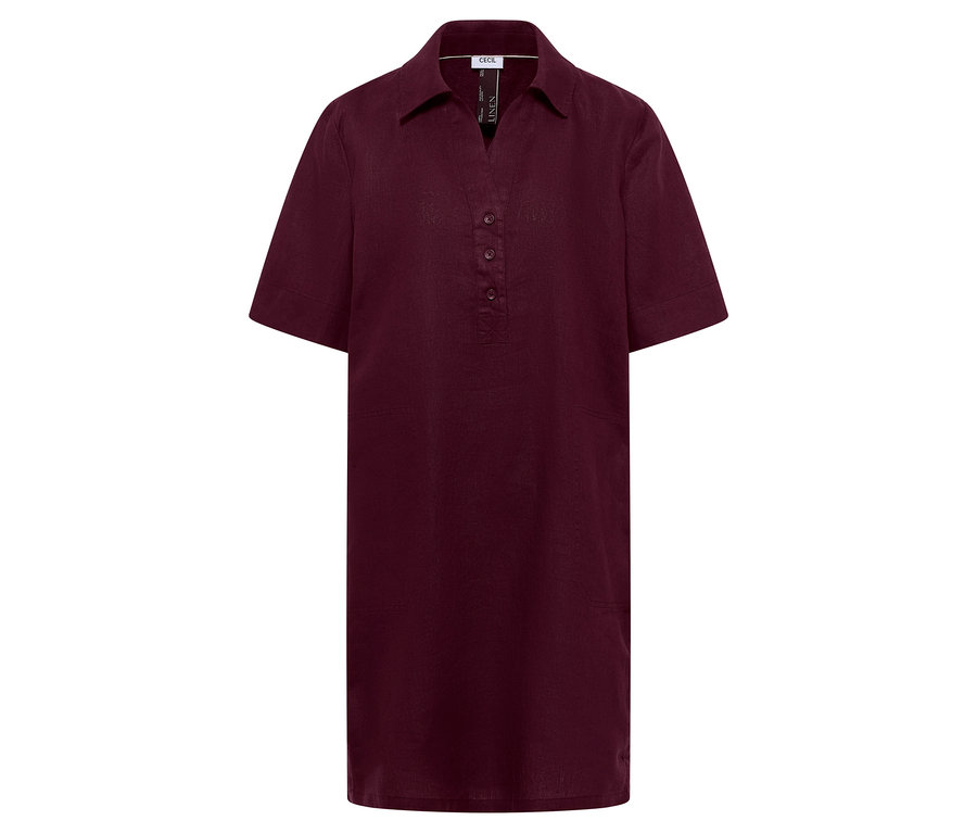 Robe chemise bordeaux avec col, encolure en V et patte de boutonnage.