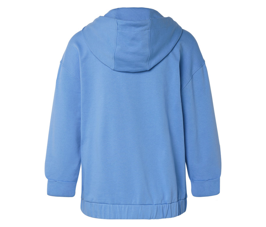 Vue arrière d'un sweat à capuche bleu clair avec des manches longues et un ourlet élastique.