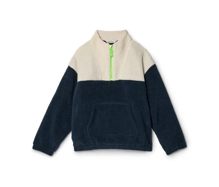 Pull polaire bicolore crème et bleu marine avec une fermeture éclair vert fluo et une poche kangourou.