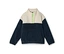 Pull polaire bicolore crème et bleu marine avec une fermeture éclair vert fluo et une poche kangourou.