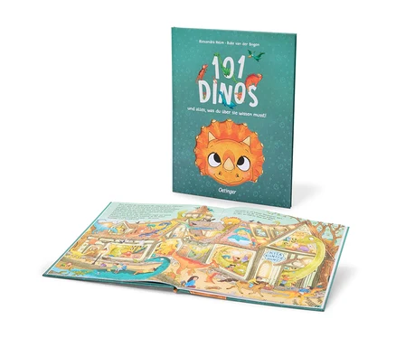 Un livre debout intitulé "101 DINOS" et un livre ouvert sont posés sur un fond blanc. La couverture du livre debout montre une tête de tricératops et de petits dinosaures. Le livre ouvert présente une illustration colorée de dinosaures dans une ville.