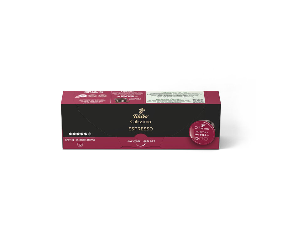 Une boîte gris foncé et rouge de 10 capsules de café Tchibo Cafissimo Espresso, arôme intense.