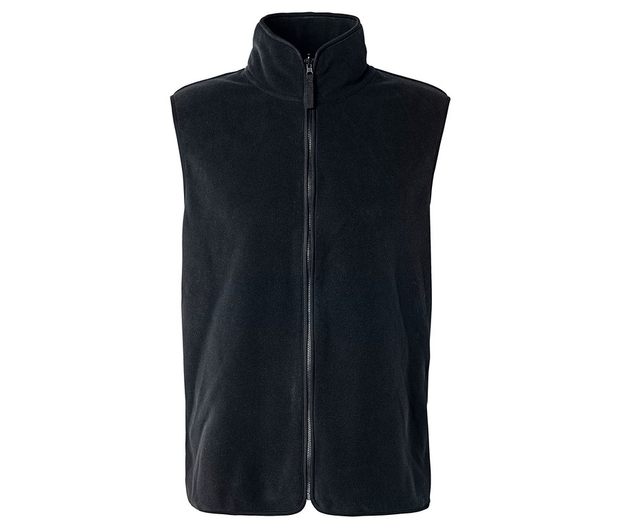 Gilet polaire noir avec col montant et fermeture éclair intégrale sur le devant.