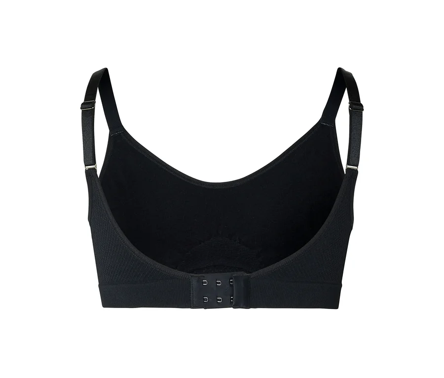 Soutien-gorge noir vu de dos, avec des bretelles réglables et une fermeture à agrafes à trois rangées au dos. Le soutien-gorge a une large bande côtelée et des bonnets lisses.