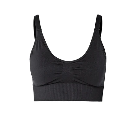 Soutien-gorge de sport noir avec de larges bretelles et une bande élastique côtelée.