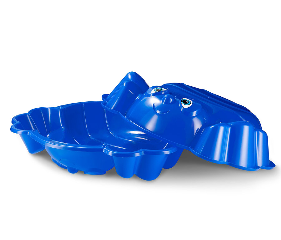 Bac à sable bleu en forme d'hippopotame pour enfants.