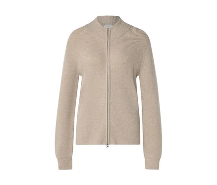 Cardigan beige en maille avec col montant et fermeture éclair intégrale.