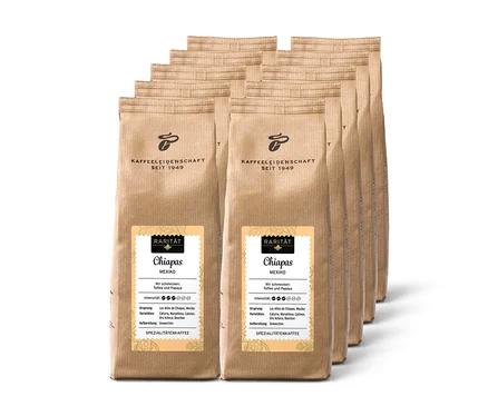 Six sacs de café bruns en papier kraft, chacun avec une étiquette affichant "KAFFEELEIDENSCHAFT SEIT 1949", "RARITÄT Chiapas MEXIKO" et des notes de saveur de caramel et de papaye, avec une intensité de trois sur cinq.