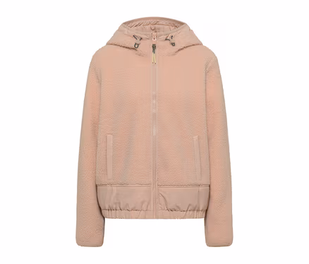 Veste CECIL en polaire teddy rose avec capuche, fermeture éclair et deux poches, ourlet inférieur en tissu lisse et élastique.