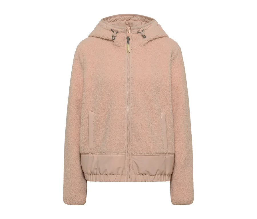 Veste CECIL en polaire teddy rose avec capuche, fermeture éclair et deux poches, ourlet inférieur en tissu lisse et élastique.