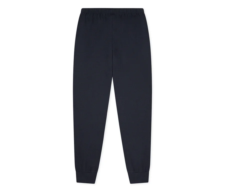 Pantalon de pyjama enfant SCHIESSER bleu foncé avec taille élastique et chevilles resserrées.