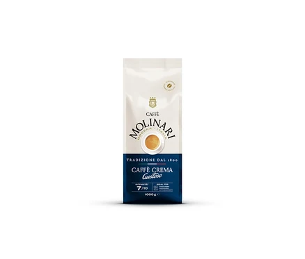 Paquet blanc et bleu de Caffè Molinari Caffè Crema Gustoso de 1 kg de grains entiers, avec une tasse de café et l'intensité 7/10.