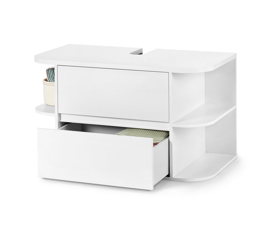 Meuble sous vasque « Eklund », blanc avec un tiroir ouvert.