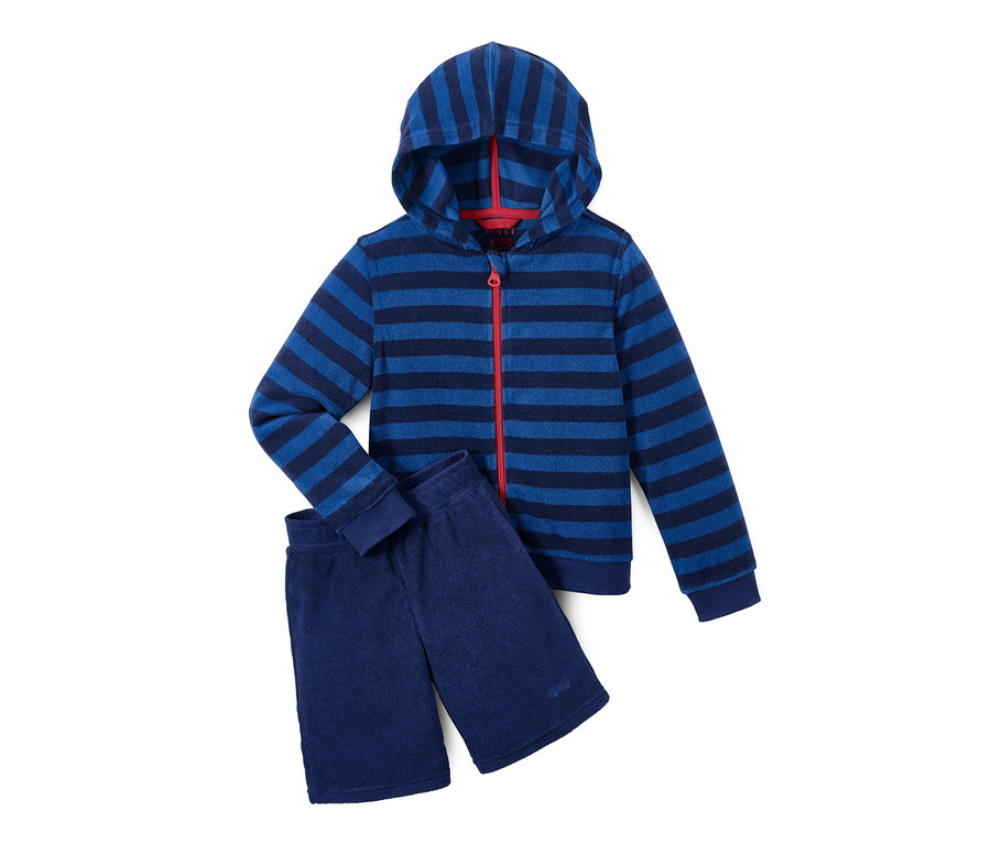 Combinaison en éponge bleu rayé avec fermeture éclair.