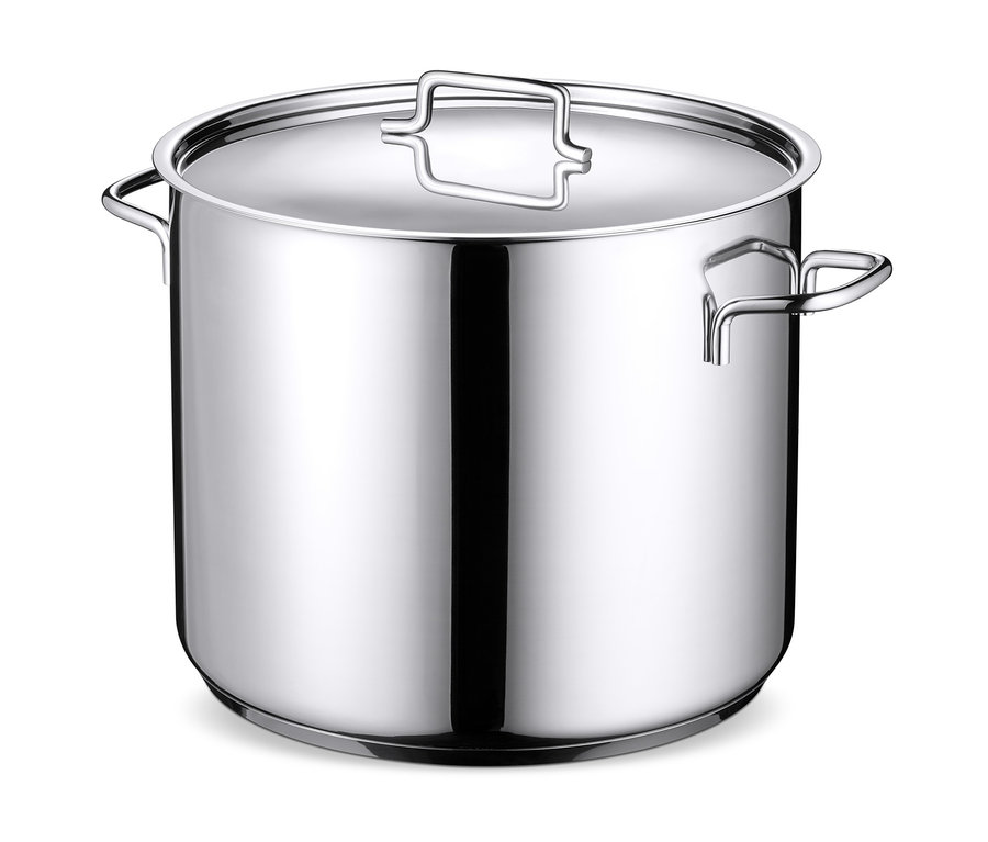 Une marmite en acier inoxydable XL avec couvercle et poignées.