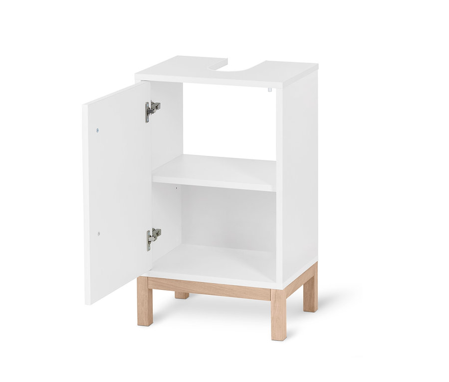 Petite armoire sous lavabo «Eklund» blanche ouverte avec étagère et pieds en bois clair.